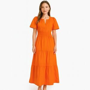 Quince SZ S 100% Organic Cotton Tiered Maxi Dress Vermilion Red NWT